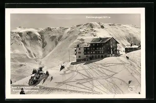 AK Kitzbühel-Hahnenkamm, Hotel Ehrenbachhöhe und Steinbergkogel im Schnee