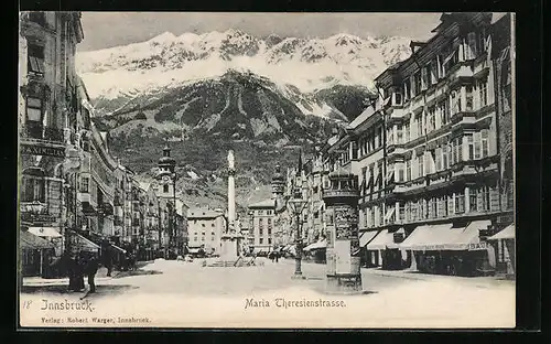 AK Innsbruck, Maria Theresienstrasse mit Geschäften und Litfasssäule