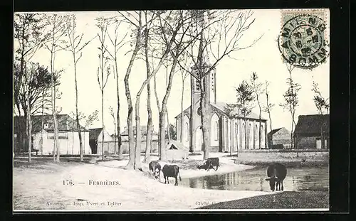 AK Ferrières, Ortspartie mit Kirche und Rindern
