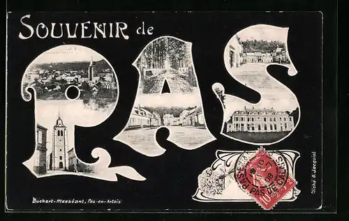 AK Pas-en-Artois, Ansichten aus dem Ort in den Buchstaben vom Ortsnamen