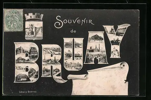 AK Bruay, Ansichten aus dem Ort in den Buchstaben vom Ortsnamen