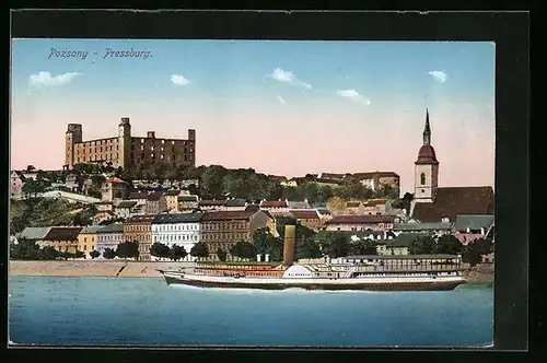 AK Pozsony, Panorama, Flusspartie mit Dampfer