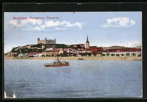 AK Bratislava, Panorama, Flusspartie mit Dampfer