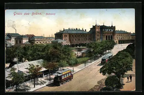 AK Brünn / Brno, Bahnhof, Strassenbahn aus der Vogelschau