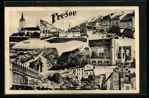 AK Presov, Ortspartie, Strassenpartie, Blick zur Kirche, Gebäude, Fotomontage