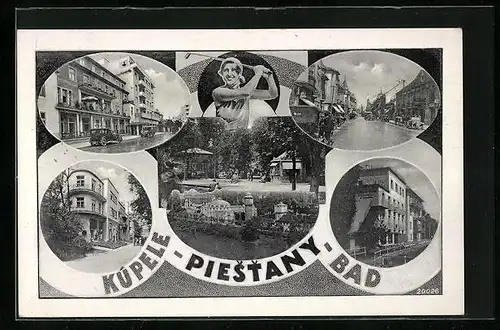 AK Kupele Piestany, Ortspartie, Gebäude, Dame mit Golfschläger, Fotomontage