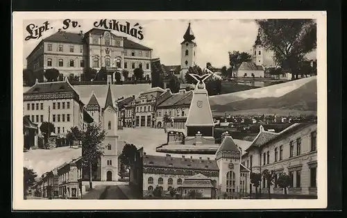 AK Liptovský Mikulás, Ortsansicht, Blick zur Kirche, Strassenpartie und Gebäude, Fotomontage