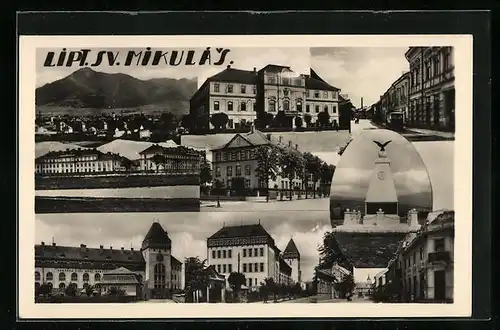 AK Liptovský Mikulás, Ortsansicht, Denkmal, Strassenpartie und Gebäude, Fotomontage