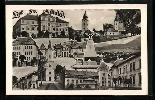 AK Liptovský Mikulás, Ortspartie, Blick zur Kirche, Denkmal, Strassenpartie und Gebäude, Fotomontage