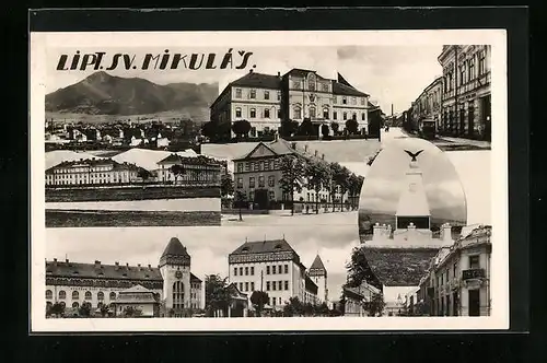 AK Liptovský Mikulás, Ortsansicht, Denkmal, Strassenpartie und Gebäude, Fotomontage