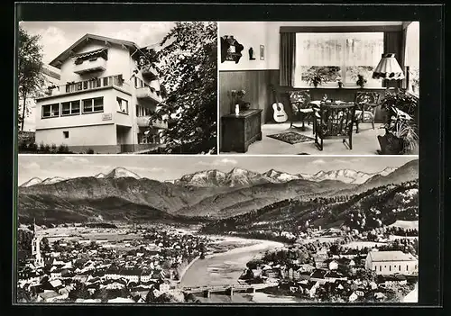 AK Bad Tölz, Hotel-Pension Haus Grüneck, Ortsansicht und Flusspartie aus der Vogelschau