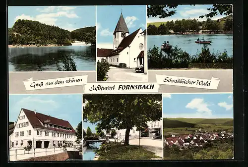 AK Fornsbach, Kirche, Seepartie, Ortsansicht aus der Vogelschau