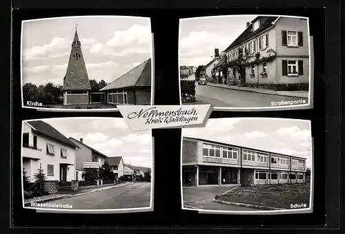 AK Nellmersbach, Wiesentalstrasse, Kirche, Schule und Strassenpartie