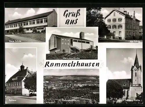 AK Rommelshausen, Herz-Jesu-Kirche, Schule, Rathaus Ortsansicht
