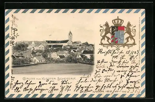 Passepartout-Lithographie Scheyern, Totalansicht mit Kloster, Wappen