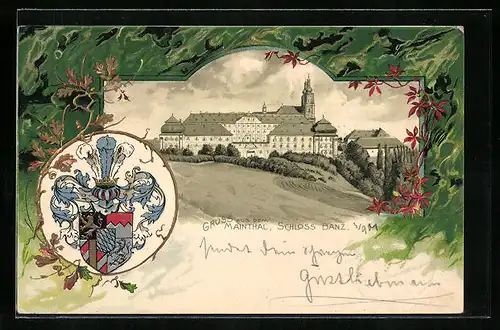 Passepartout-Lithographie Staffelstein, Schloss Banz im Mainthal, Wappen