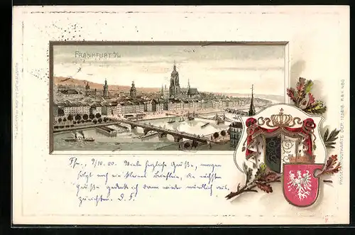 Passepartout-Lithographie Frankfurt a. M., Totalansicht mit Brücke und Kirche, Wappen