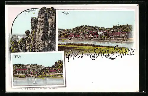 Lithographie Wehlen, Basteifelsen, Panorama, Rathen