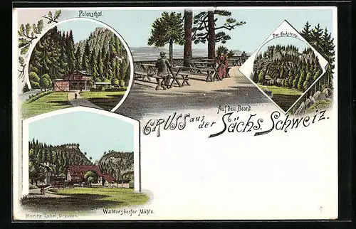 Lithographie Hohnstein /Sachsen, Polenzthal, Der Hockstein, Waltersdorfer Mühle