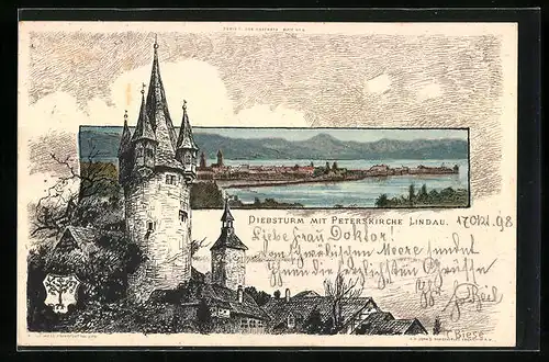 Künstler-AK Carl Biese: Lindau, Teilansicht, Diebsturm mit Peterskirche