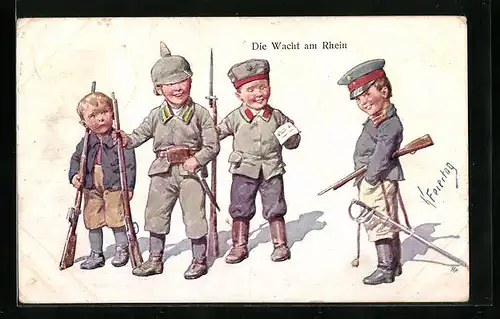 Künstler-AK Karl Feiertag: Die Wacht am Rhein, Kleine Soldaten mit Gewehren