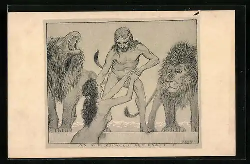 Künstler-AK Fidus: An der Schwelle der Kraft, Nacktes Paar und zwei Löwen