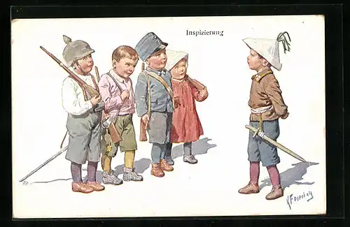 Künstler-AK Karl Feiertag: Kleine Soldaten mit Gewehren bei der Inspizierung