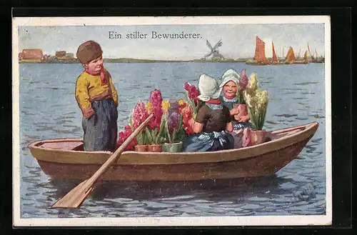 Künstler-AK Karl Feiertag: Zwei Holländerinnen mit Blumentöpfen und Mann im Boot, Im Hintergrund Windmühle