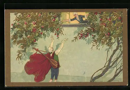 Künstler-AK Tito Corbella: Herr mit Laute bei Dame am Fenster