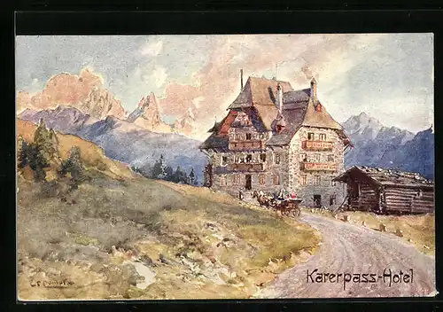 Künstler-AK Edward Theodore Compton: Karerpass, Strassenpartie mit Hotel und Pferdewagen
