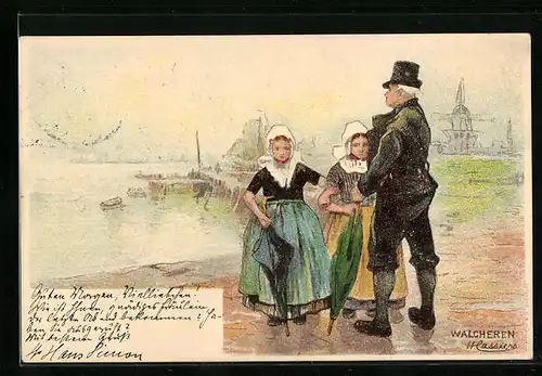 Künstler-AK Henri Cassiers: Zwei Niederländerinnen mit Schirmen und Herrn, Im Hintergrund Windmühlen