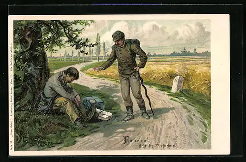 Künstler-AK E. Döcker: Führe uns nicht in Versuchung, Wanderer trifft auf am Weg sitzenden Mann