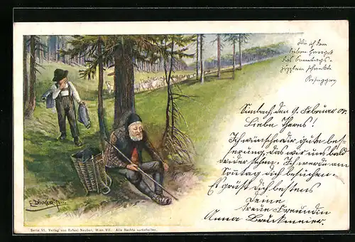 Künstler-AK E. Döcker: Schafhirte unterm Baum sitzend mit einem Jungen
