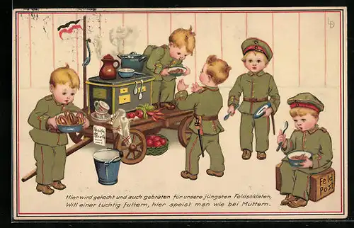 Künstler-AK Lia Döring: Kleine Soldaten an der Feldküche