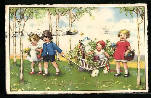 Künstler-AK Lia Döring: Kinder mit Kleinkind im Karren