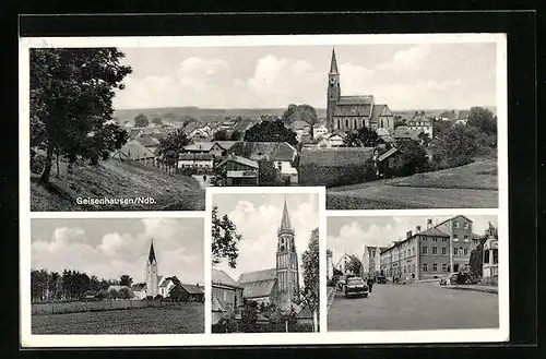 AK Geisenhausen /Ndb., Strassenpartie mit Gebäudeansicht, Kirche, Ortspartie