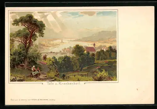 Künstler-AK Tölz, Teilansicht mit Krankenheil