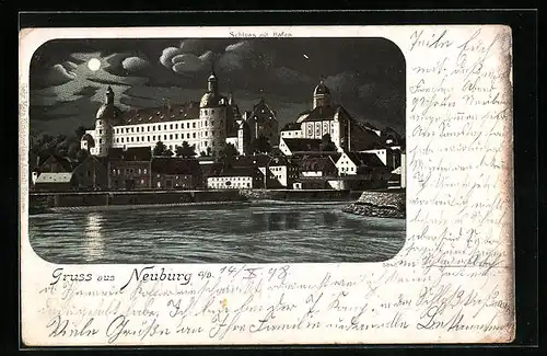 Lithographie Neuburg a. D., Schloss mit Hafen bei Mondschein