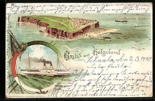 Lithographie Helgoland, Ortsansicht, Dampfer auf hoher See