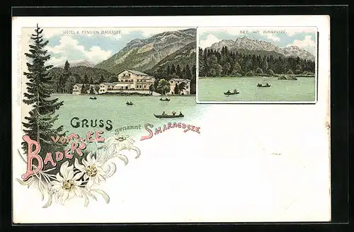 Lithographie Badersee, Hôtel & Pension Badersee, See mit Zugspitze
