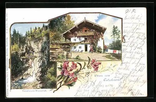 AK Oberaudorf, Gasthaus Tatzelwurm, Wasserfall