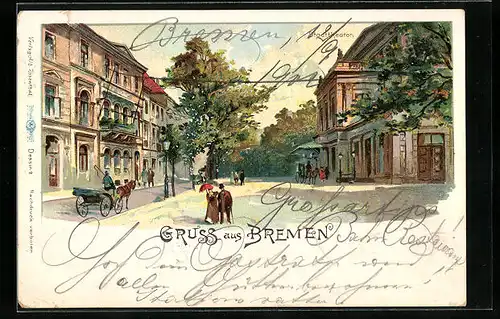 Lithographie Bremen, Strassenpartie mit Stadttheater und Pferdewagen