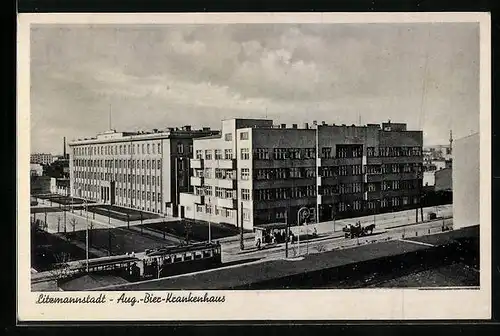 AK Litzmannstadt-Lodz, August Bier Krankenhaus, Strassenbahn