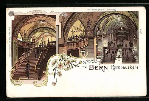 Lithographie Bern, Inneres Gasthaus Kornhauskeller, Aufgang