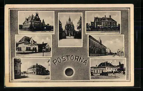 AK Postorná, Ortspartie, Strassenpartie, Blick zur Kirche