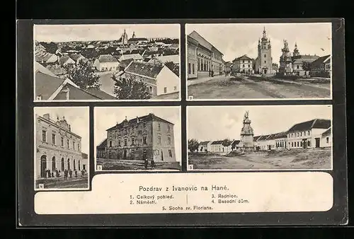 AK Ivanovice, Celkový pohled, Radnice, Námestí, Besedni dum, Socha sv. Floriana