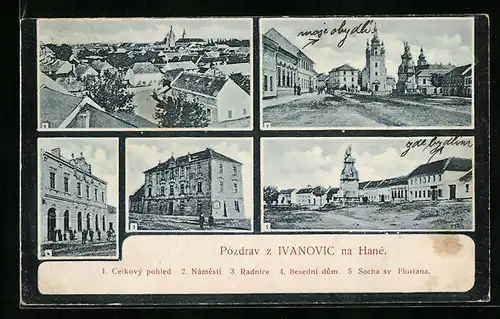 AK Ivanovice, Celkový pohled, Námestí, Radnice, Besedni dum, Socha sv. Floriana