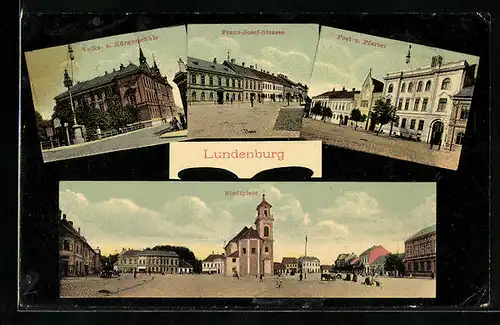 AK Lundenburg, Stadtplatz, Volks- und Bürgerschule, Franz-Josef-Strasse, Post und Pfarrei