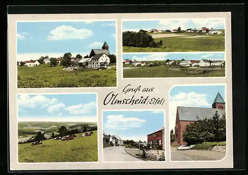 AK Olmscheid / Eifel, Ortsansicht, Kirche und Strassenpartie