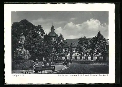 AK Siegen i. W., Partie am Unteren Schloss und Bismarck-Denkmal